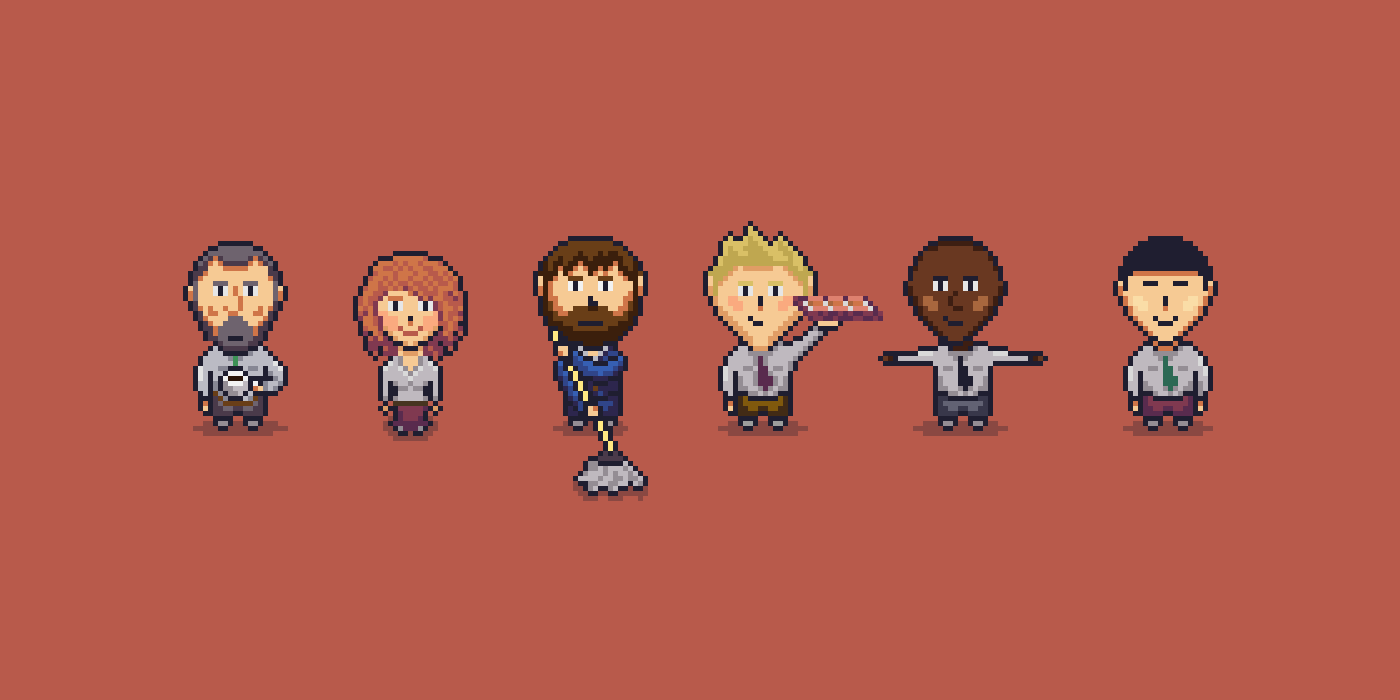 Six pixelart office characters