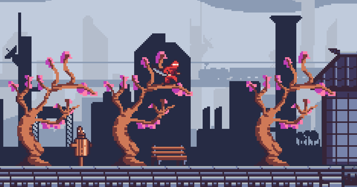 pixel art of a ninja with city skyline in the background