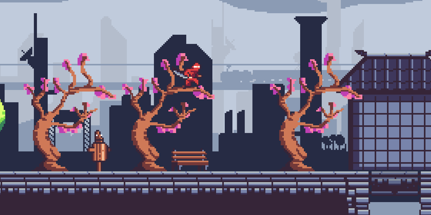 pixel art of a ninja with city skyline in the background