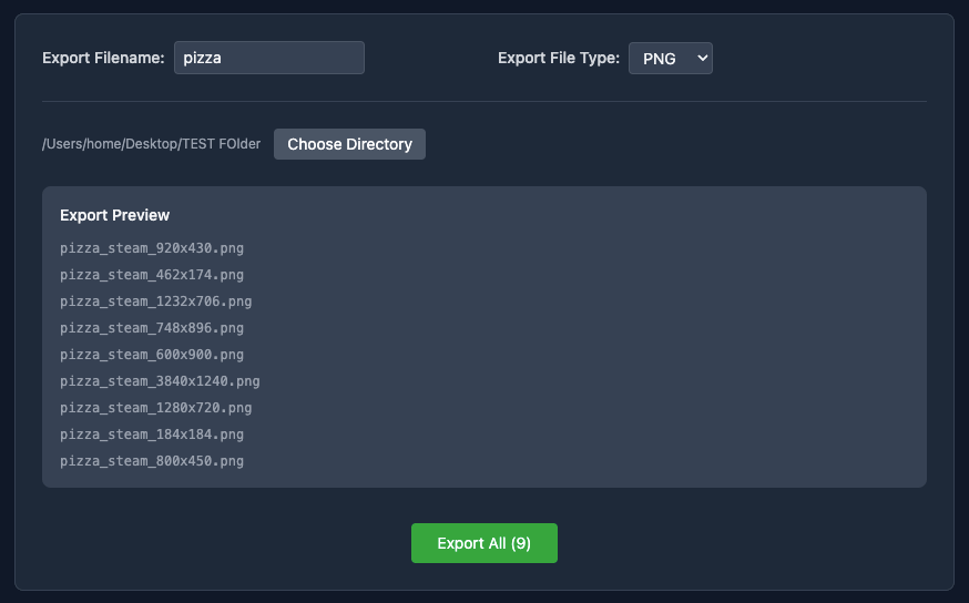 screenshot of exporting all sizes at once