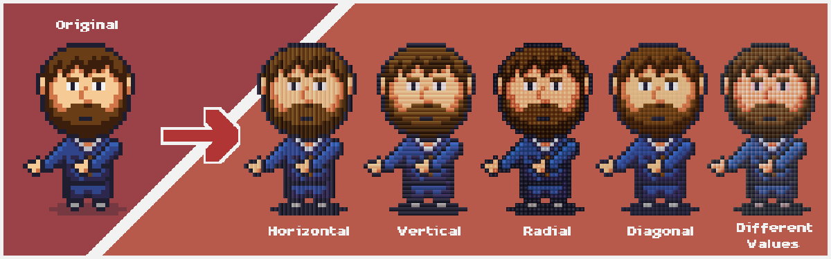 graphic showing different examples of pixel art with gradients as pixels